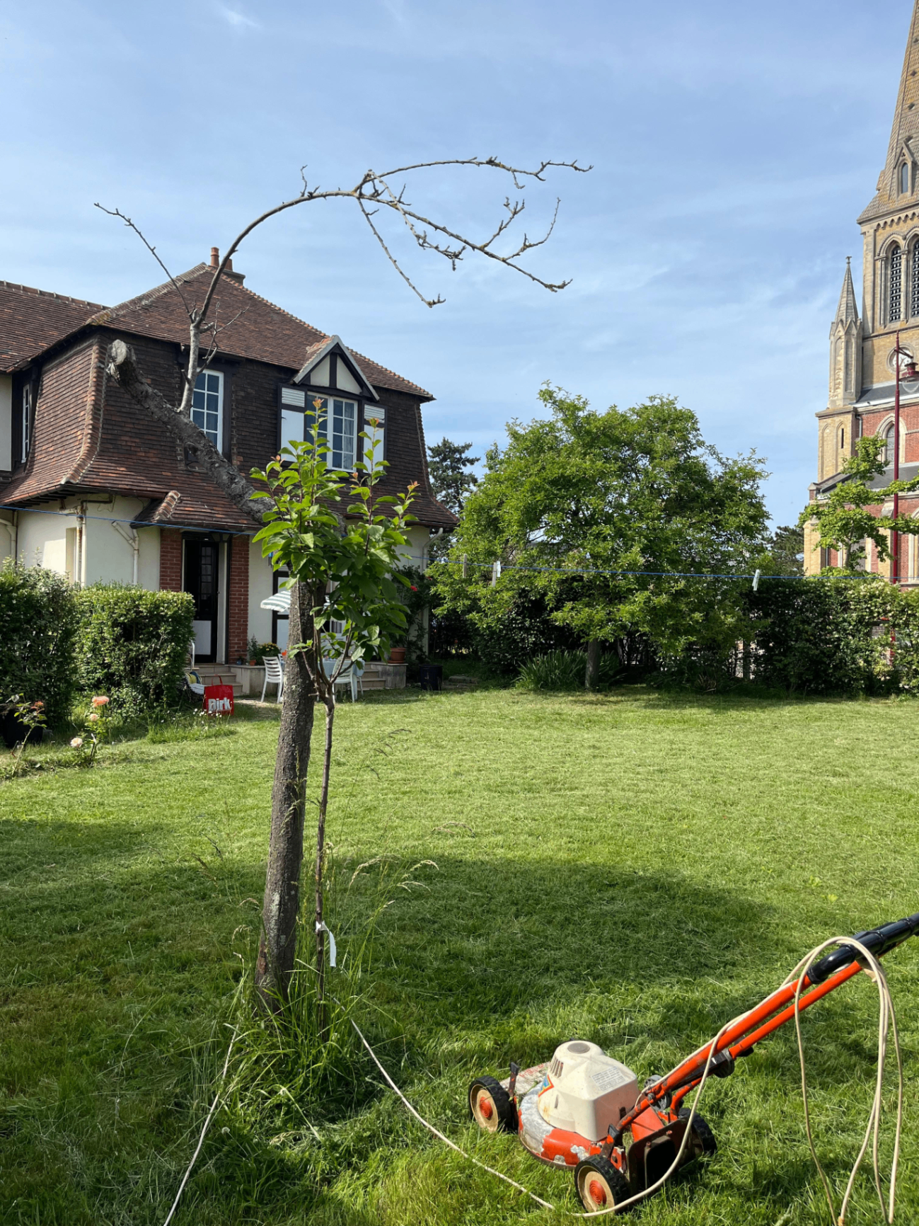 Jardin avec vue sur la maison et l'église